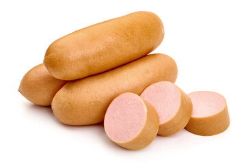 Fresh boiled sausages, close-up, isolated on white background. High resolution image.