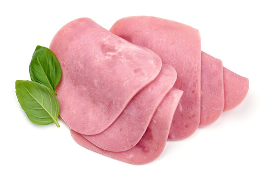 Boiled Ham Slices, close-up, isolated on white background. High resolution image.