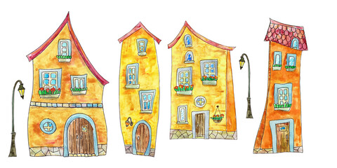 Watercolor illustration set with cartoon houses.Bright house on a white background for autumn.