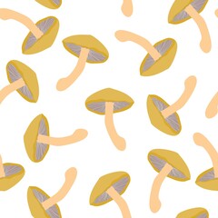Mushrooms seamless pattern. Hand-drawn illustration. Design for natural products, paper, packaging, wallpaper, fabric, textile. White background.