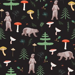 Seamless childish pattern with cute mushrooms and bears in the wood. Creative autumn forest texture for fabric, wrapping, textile, wallpaper, apparel. 