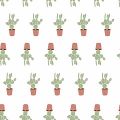 A bright seamless pattern with cacti in pots. Green potted plants pattern. Illustration on blue background.