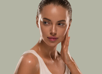 Beautiful woman face healthy skin natural make up close up