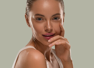 Beautiful woman face healthy skin natural make up close up