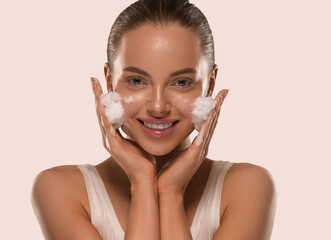 Woman clean soap healthy face natural skin fresh beauty female close up