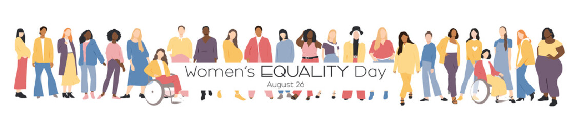 Women's Equality Day. Women of different ethnicities stand side by side together. Flat vector illustration. - obrazy, fototapety, plakaty
