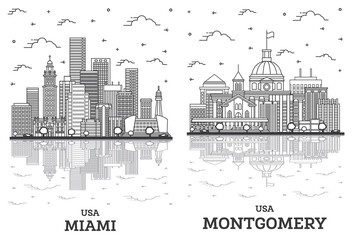 Fototapeta premium Outline Montgomery Alabama and Miami Florida City Skyline Set.