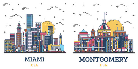 Obraz premium Outline Montgomery Alabama and Miami Florida City Skyline Set.