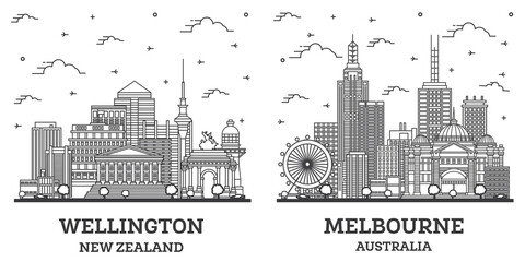 Outline Melbourne Australia and Wellington New Zealand City Skyline Set.