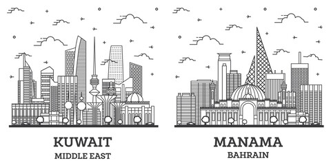 Fototapeta premium Outline Мanama Вahrain and Kuwait City Skyline Set.
