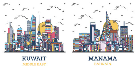 Obraz premium Outline Мanama Вahrain and Kuwait City Skyline Set.