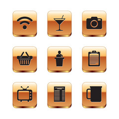 Set Wi-Fi wireless network, Television tv, Paper financial check, Speaker, Shopping basket and Photo camera icon. Vector