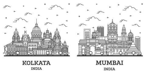 Obraz premium Outline Mumbai and Kolkata India City Skyline Set.