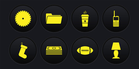 Set Christmas sock, Walkie talkie, Stacks paper money cash, American Football ball, Coffee cup and Folder icon. Vector