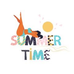 Girl in a bathing suit lies on a large inscription Summer time, summer vacation, vector illustration in flat style, cartoon.