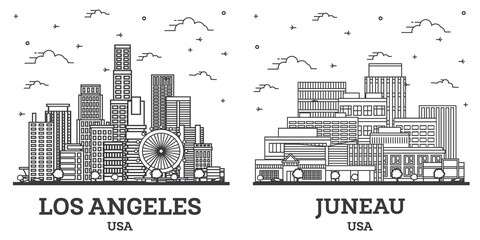 Fototapeta premium Outline Juneau Alaska and Los Angeles California City Skyline Set.