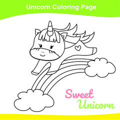 Unicorn coloring worksheet page. Coloring sweet unicorn worksheet page. Educational printable coloring worksheet. Additional worksheet for kids. Vector illustration in cartoon style. 