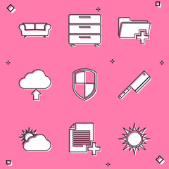 Set Sofa, Furniture nightstand, Add new folder, Cloud upload, Shield and Meat chopper icon. Vector