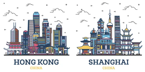 Foto op Plexiglas Outline Shanghai and Hong Kong China City Skyline Set. © BooblGum