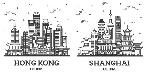 Outline Shanghai and Hong Kong China City Skyline Set. - obrazy, fototapety, plakaty
