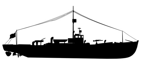 Silhouette of a military boat isolated on a white background. Vector illustration