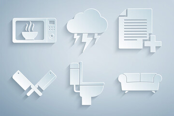 Set Toilet bowl, Add new file, Crossed meat chopper, Sofa, Storm and Microwave oven icon. Vector