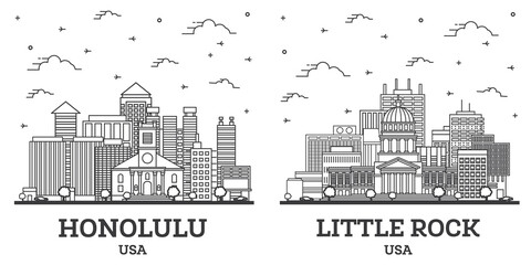 Outline Little Rock Arkansas and Honolulu Hawaii USA City Skyline Set.