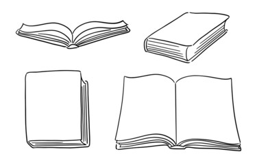 Set of hand-drawn hardcover books: open book with pages, closed book