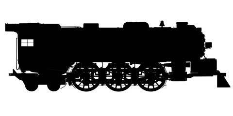 Silhouette of an old train isolated on a white background. Side view. Vector illustration