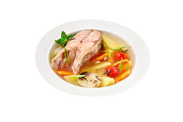 Fish soup with silver carp steak and vegetables on white background