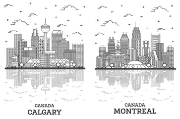 Naklejka premium Outline Montreal and Calgary Canada City Skyline Set.
