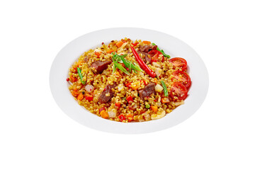 Barley and veal pilaf with vegetables isolated on white