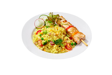 Vegetable rice with chicken skewer isolated on white