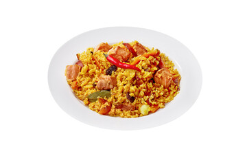 Spicy pilaf with lamb, carrot, raisins and chili pepper isolated on white