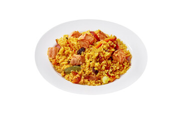 Plate of pilaf with lamb, carrot and dried fruits isolated on white