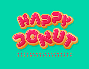 Vector Happy Donut Alphabet set. Tasty bright Font. Sweet pink glazed Letters and Numbers