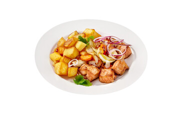 Fried pork meat with potatoes isolated on white background