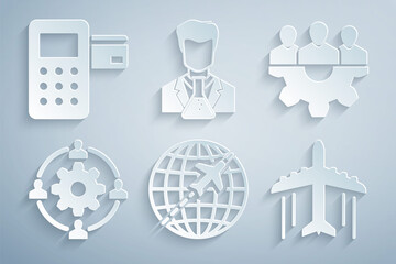 Set Globe with flying plane, Project team base, Outsourcing concept, Plane, Scientist and test tube and Pos terminal icon. Vector