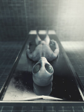 3D Rendering, illustration of a dead alien on an autopsy gurney in a dramatic lit morgue. high contrast image.