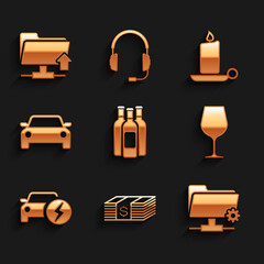 Set Bottles of wine, Paper money dollars cash, FTP settings folder, Wine glass, Electric car and Car icon. Vector