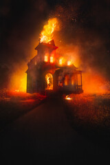 Fototapeta na wymiar 3D Rendering, illustration of a burning victorian style house at night. high contrast image