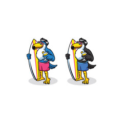 Toucan bird cartoon character as surfer in tropical beach