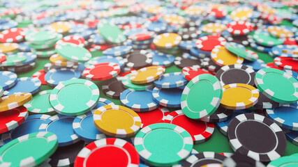 3D Renering, illustration of a big amount of casino chips on a poker table.