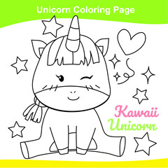 Unicorn coloring worksheet page. Coloring kawaii unicorn worksheet page. Educational printable coloring worksheet. Additional worksheet for kids. Vector illustration in cartoon style. 