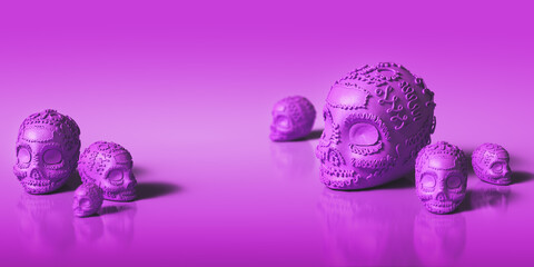 3D Rendering, illustration of a Sugar skull used for offerings on day of the dead celebrations on a purple background