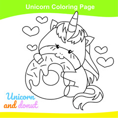 Unicorn coloring worksheet page. Coloring kawaii unicorn worksheet page. Educational printable coloring worksheet. Additional worksheet for kids. Vector illustration in cartoon style. 