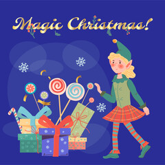 Naklejka na ściany i meble Cute and happy Christmas elf girl in banner or card template, flat vector illustration. Christmas banner or poster design with pixie.