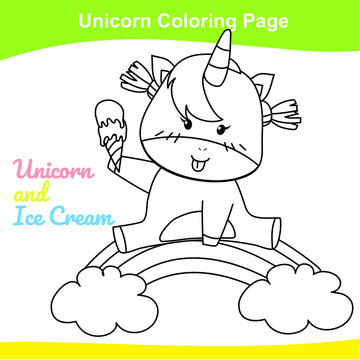 Unicorn coloring worksheet page. Coloring kawaii unicorn worksheet page. Educational printable coloring worksheet. Additional worksheet for kids. Vector illustration in cartoon style. 