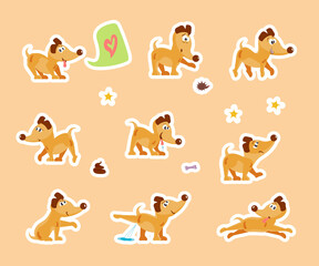 Funny puppy daily dog routine stickers set.