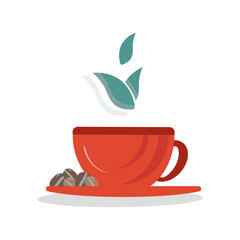 Red cup icon with coffee beans and leaves. Hot coffee mug logo with fresh coffee beans. Decorative isolated vector illustration on transparent background. Designer coffee. Catering business.